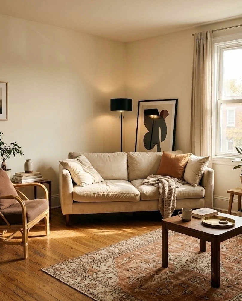 Small apartment living room with a sofa angled across the corner and a lamp behind it.