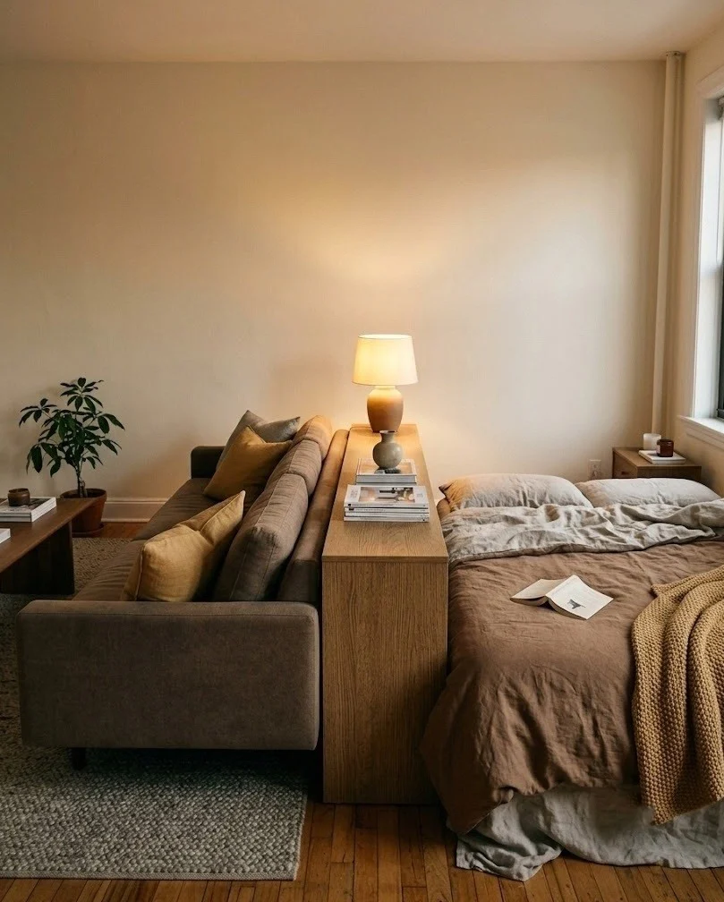 Sofa backed to a bed with a console table running between the two zones.