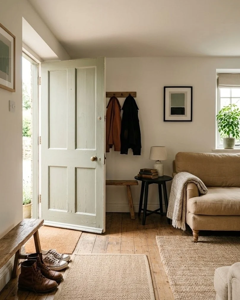 Sofa placed clear of a swinging door's arc in a small living room.