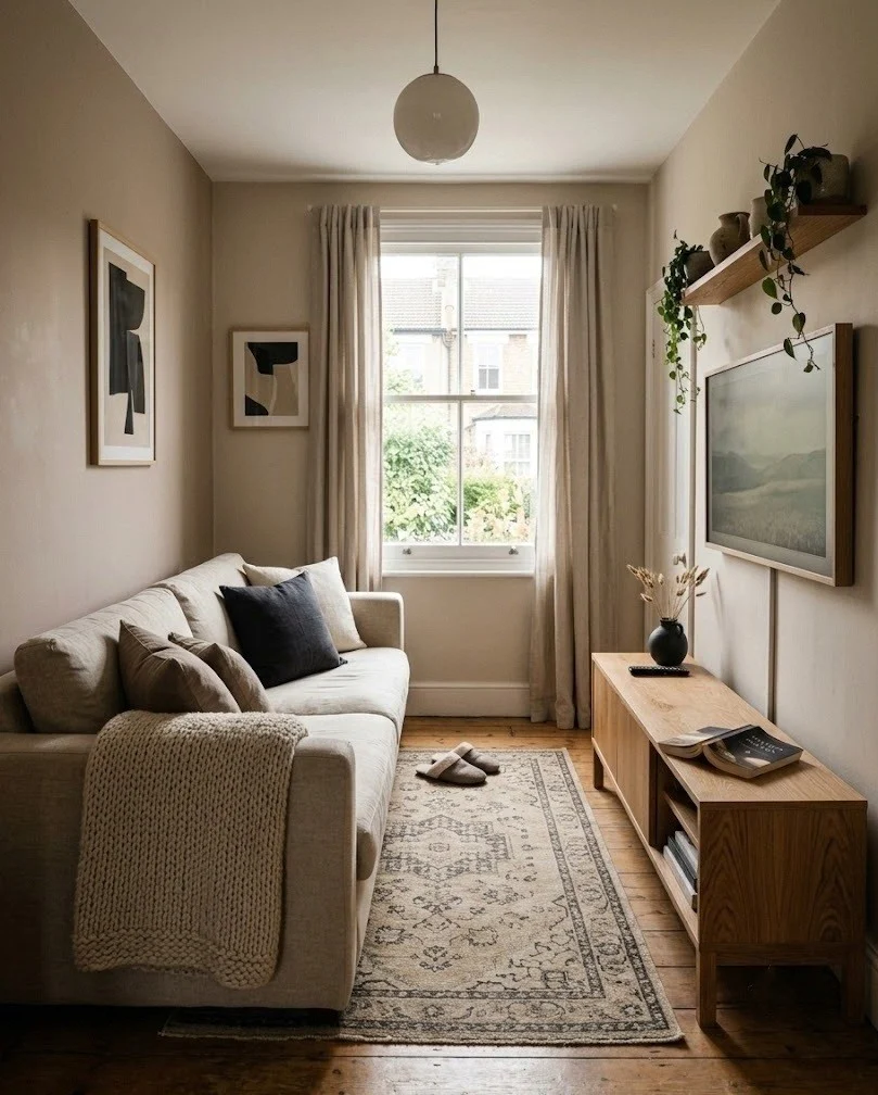 Small apartment living room layout with sofa on the long wall and slim TV console opposite.