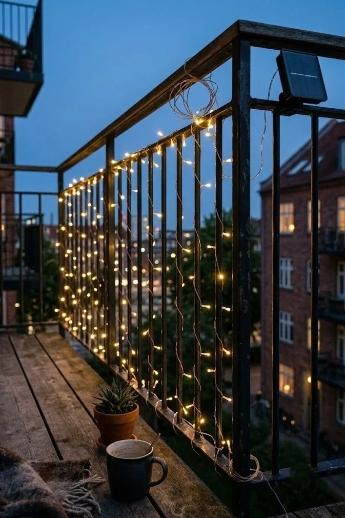 Solar string lights woven through balcony railing balusters glowing at dusk