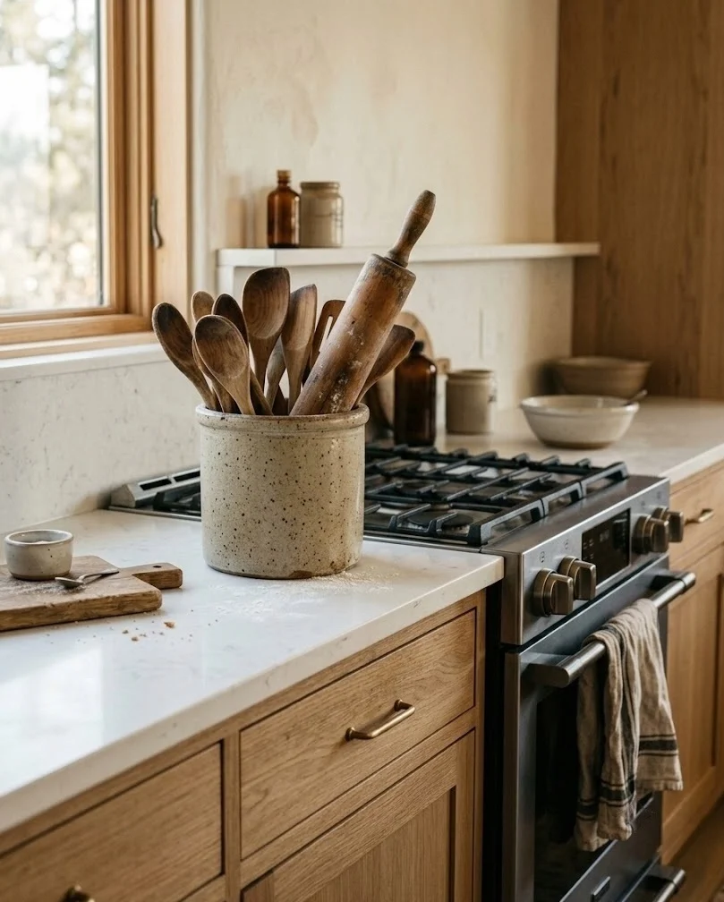 Speckled stoneware crock with wooden spoons on a white counter, neutral fall kitchen decor with no orange