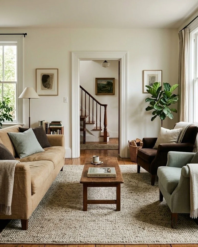 Sofa and two chairs split to either side of a center doorway.