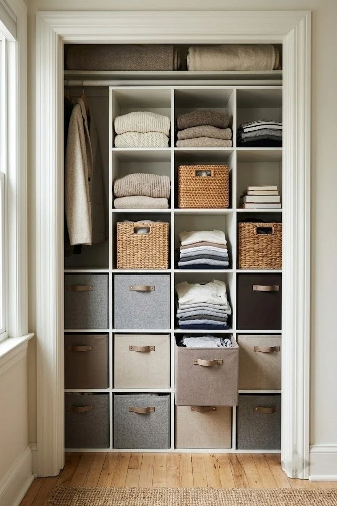 Small closet organization with a stackable cube system built like a mini closet wall