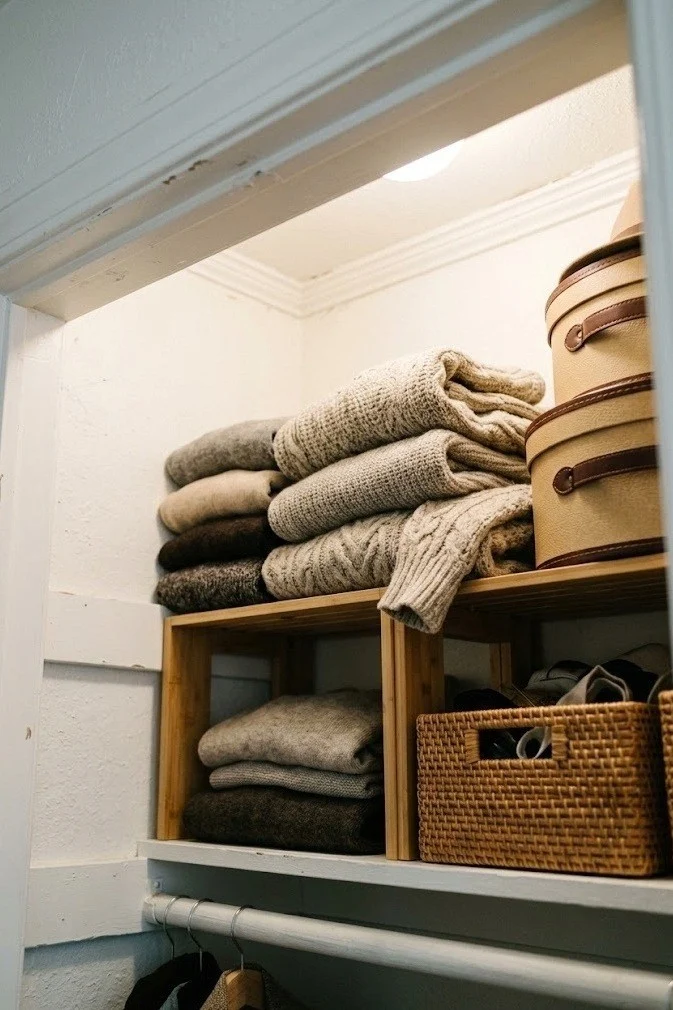 Stackable shelf risers doubling the top-shelf storage in a small overstuffed closet