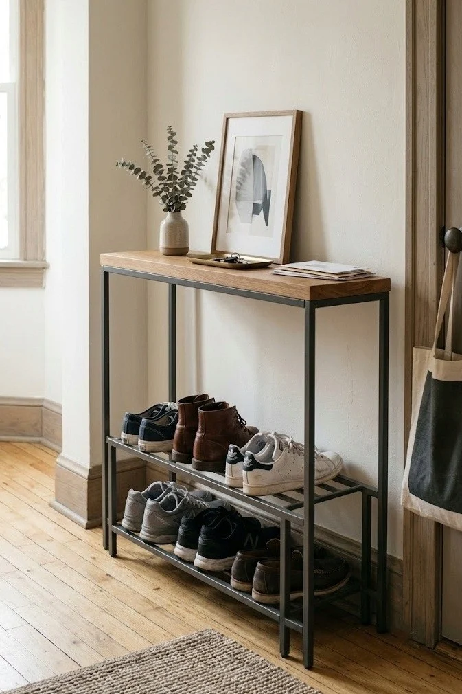 Low stackable shoe rack tucked under a console in a small entryway