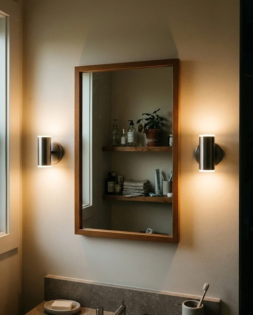Stick-on LED sconces flanking the mirror in a renter-friendly bathroom, casting warm light.