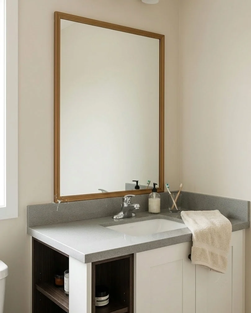 Stick-on frame around a frameless builder-grade mirror above a bathroom vanity.