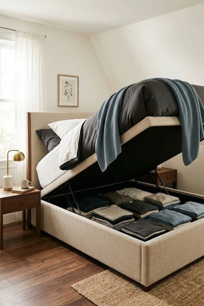 Upholstered ottoman storage bed lifted to show under-mattress storage
