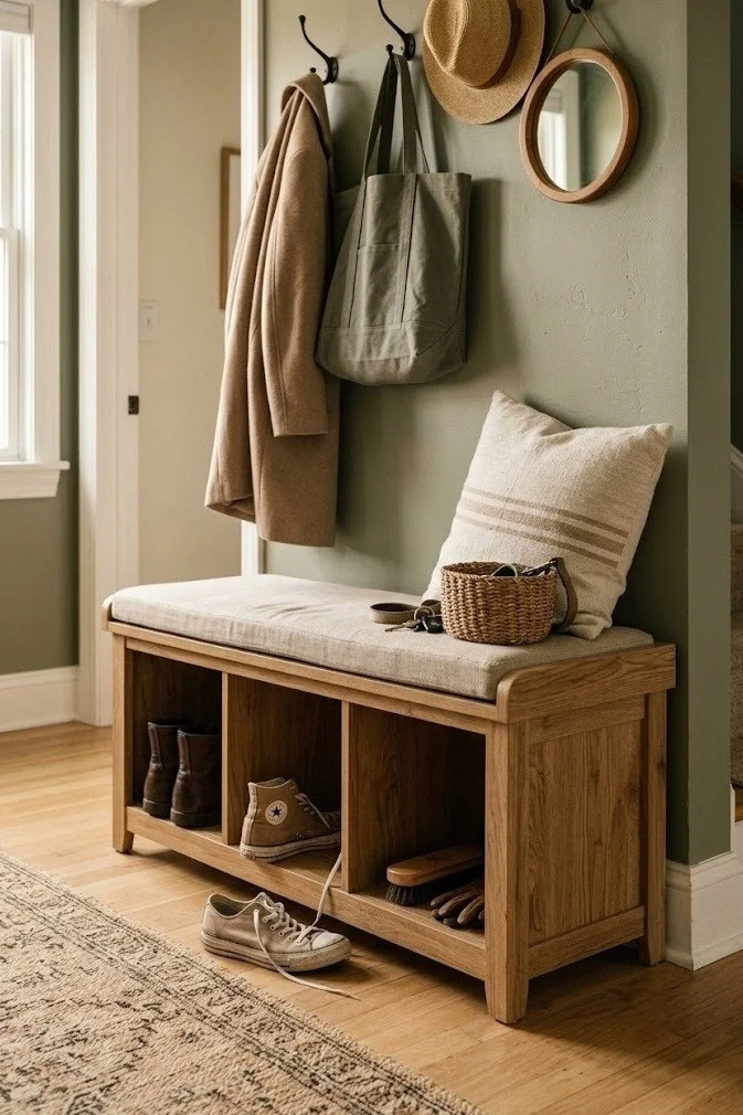 Freestanding storage bench with shoe cubbies in a small no-closet entryway