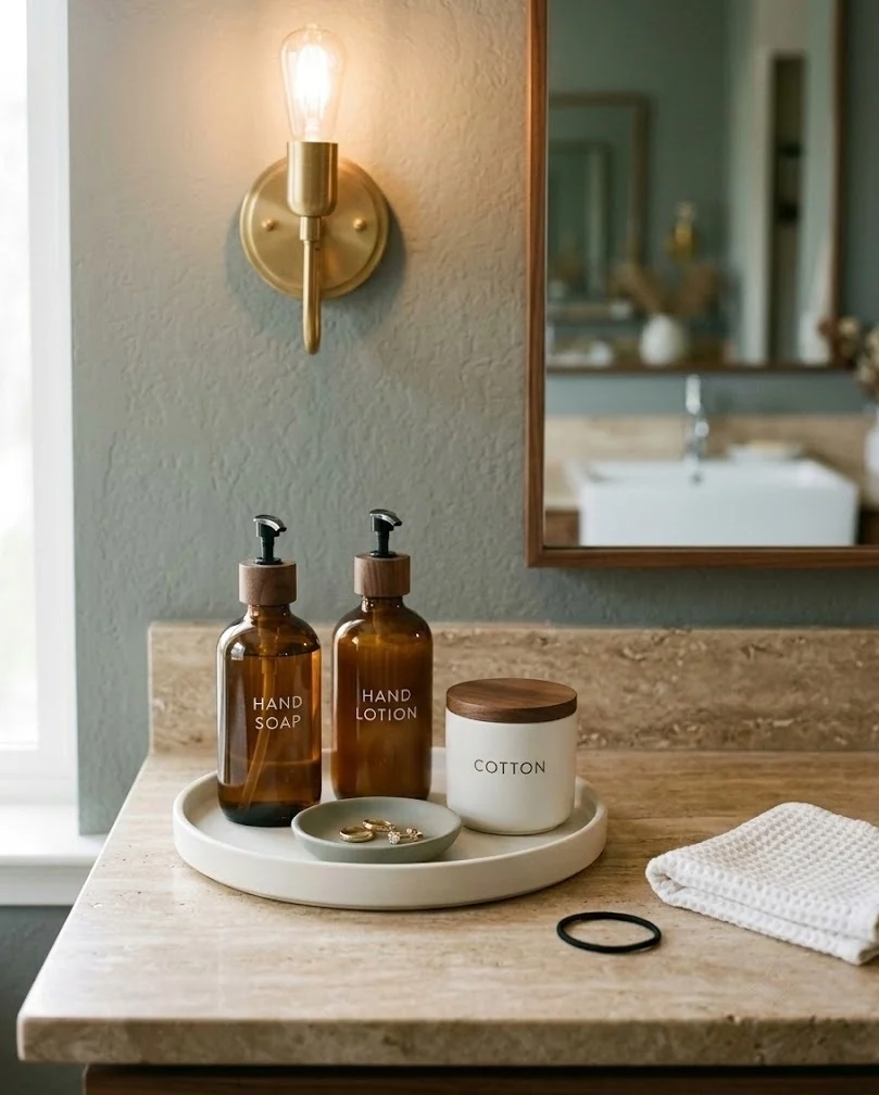 Styled vanity tray corralling matching soap pumps and a small dish on a bathroom counter.