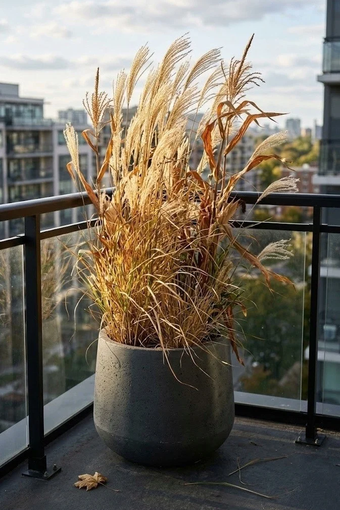 Tall ornamental grass floor planter acting as a wind screen on a fall balcony