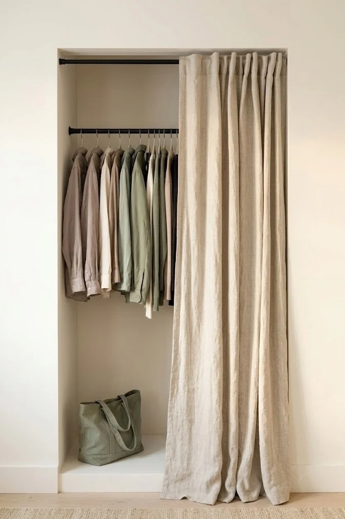 Tension-rod hanging bay with a curtain across an alcove, a no-closet fix