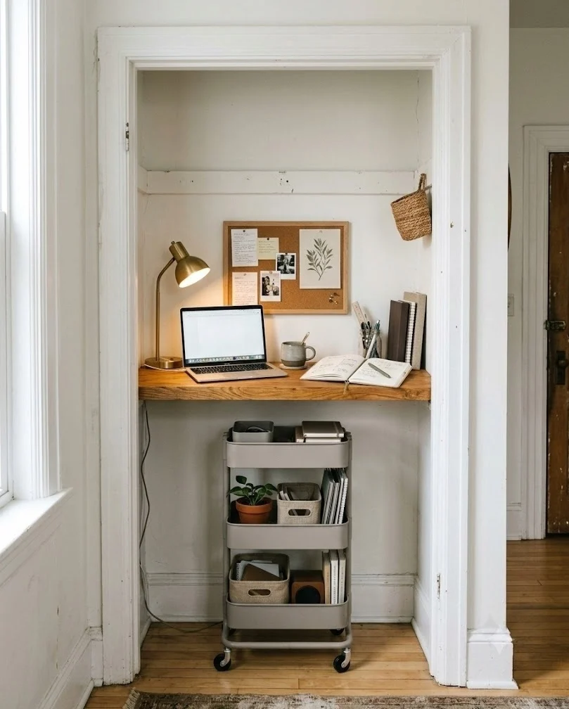 Tension-rod shelf turning a closet into a renter home office