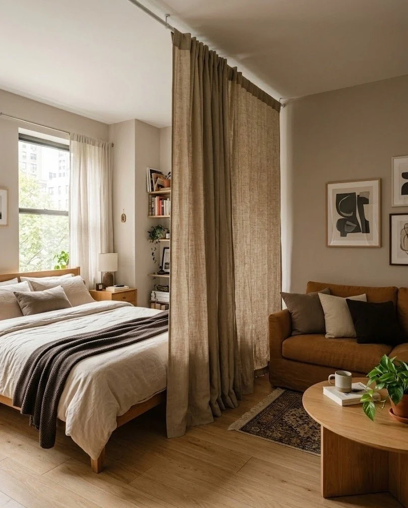 Studio room split by a ceiling tension-rod curtain between the bed and sofa.
