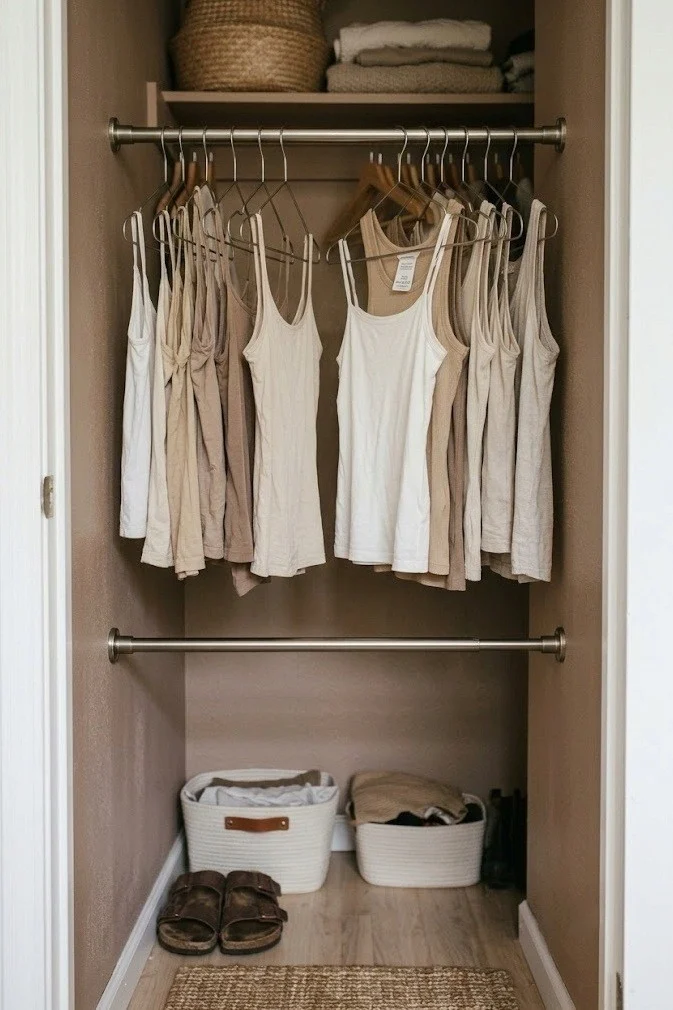 Low tension rod adding a second row of lightweight hanging clothes in a small closet