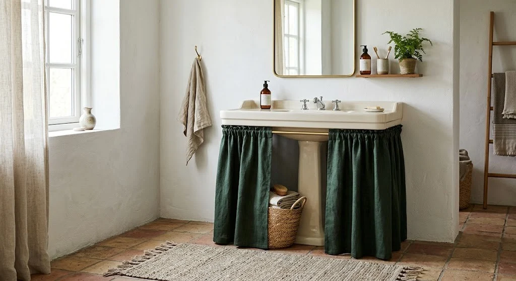 Pine green tension-rod skirt under an open-base rental bathroom sink