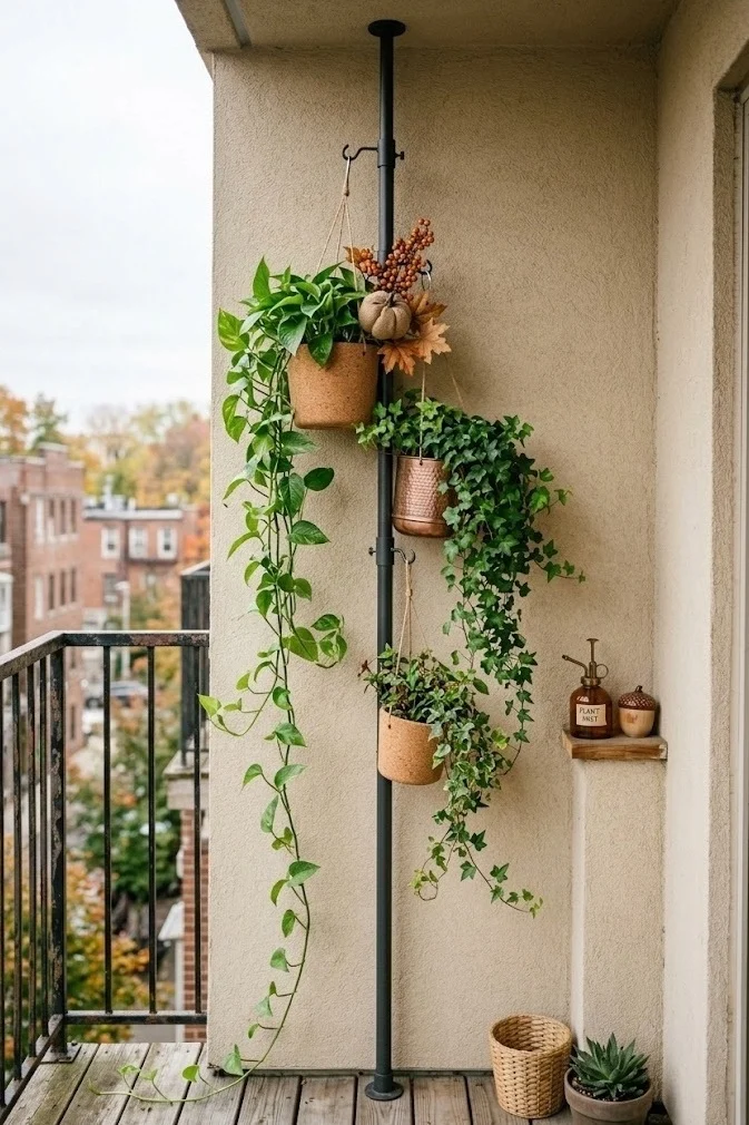 Tension-rod vertical garden with trailing plants on a no-drill balcony side wall