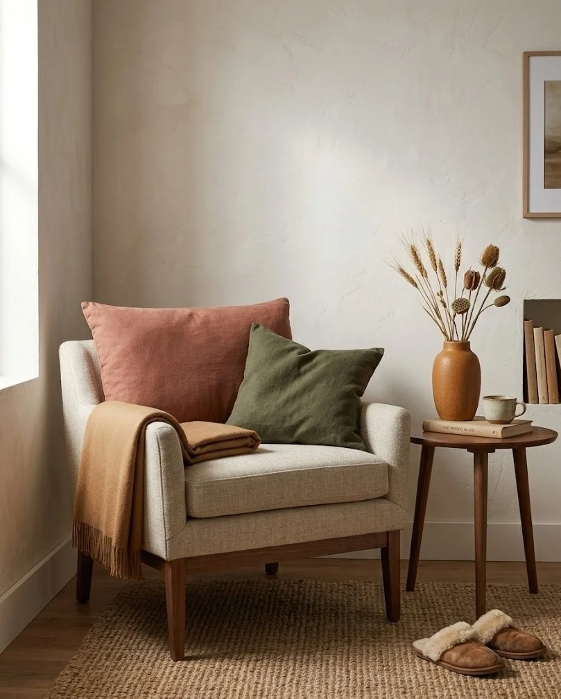 Muted terracotta and olive cushions on a small living room sofa for fall