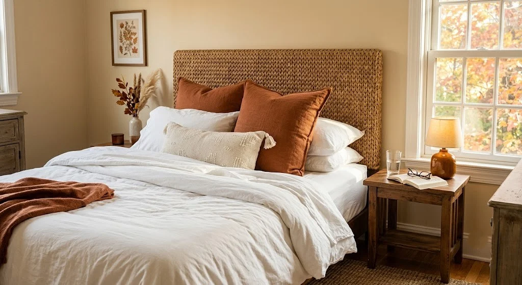 Terracotta linen pillow stack on white bedding against a seagrass headboard in a warm fall bedroom