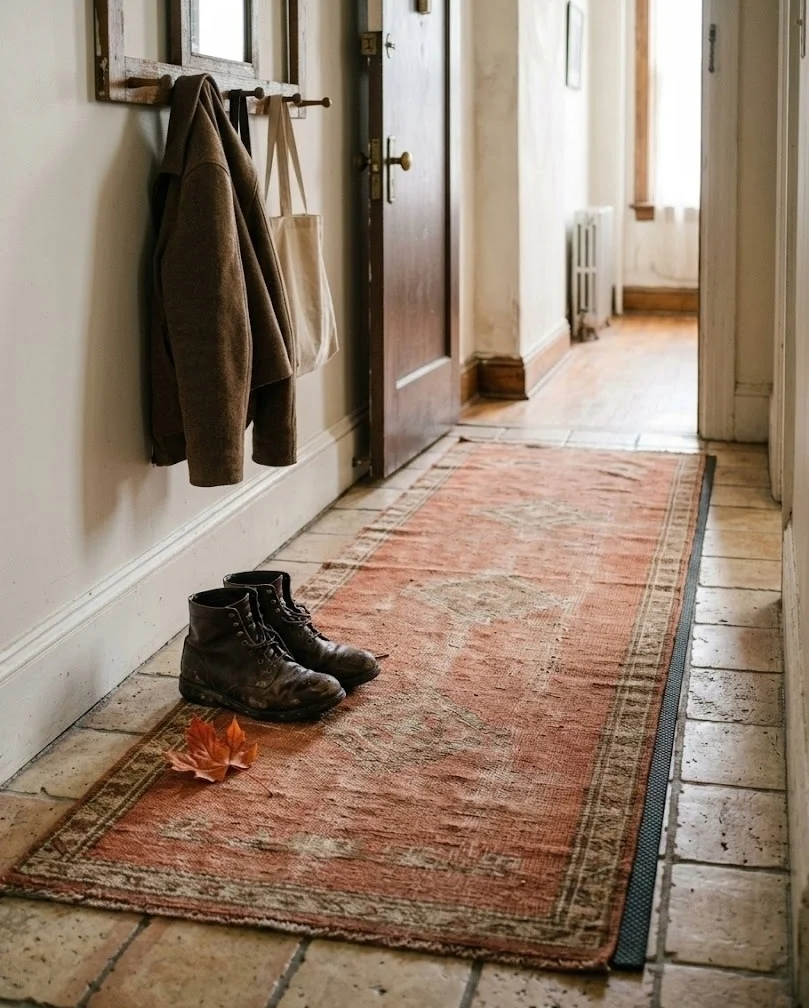 Faded terracotta fall entryway runner on tile in a small apartment