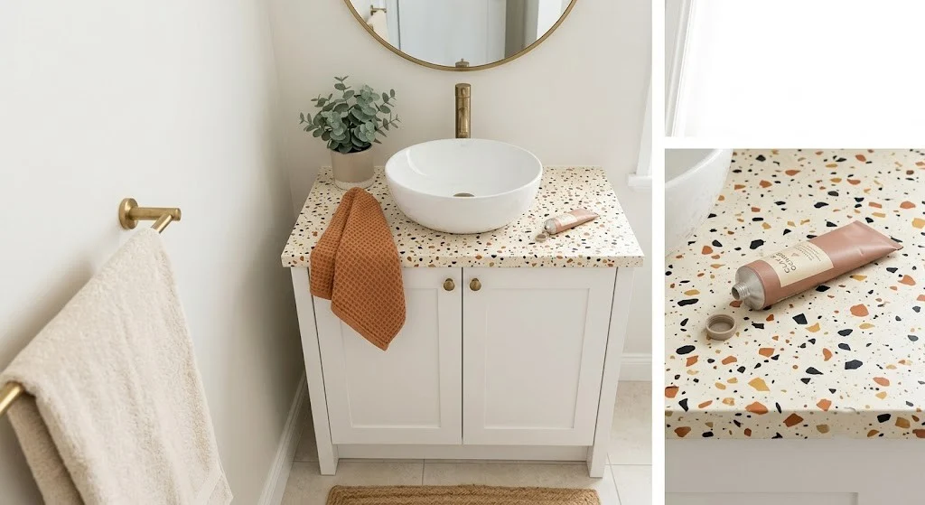 Cream terrazzo peel-and-stick countertop film on a white rental vanity