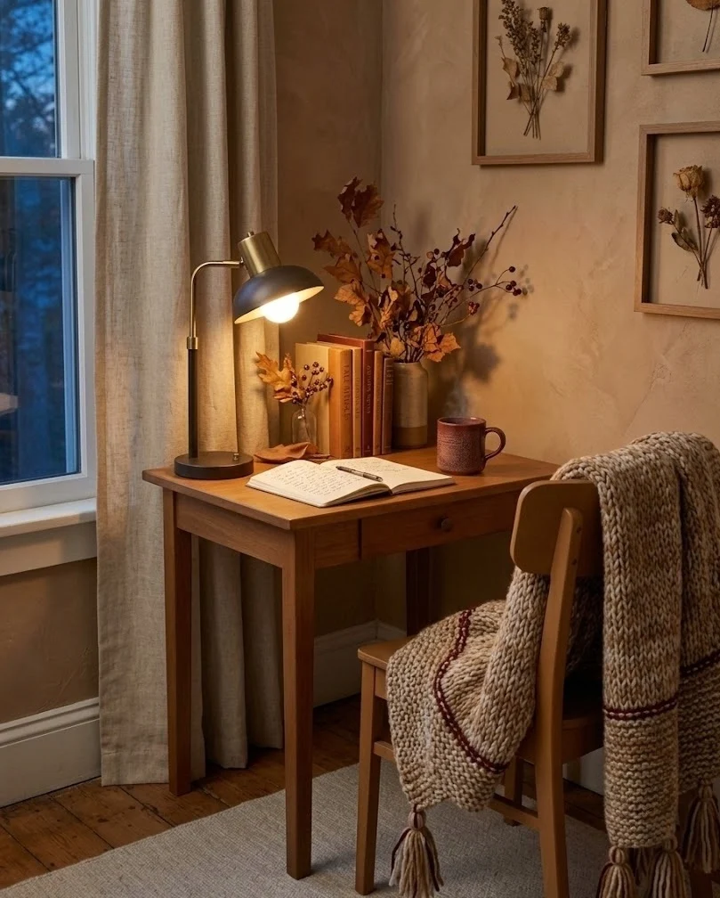 Cozy fall home office desk unified by a warm oatmeal, camel and oxblood palette