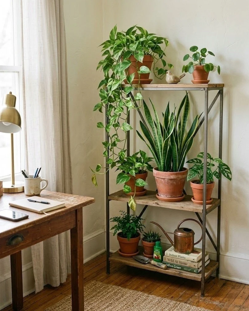 Tiered plant stand adding greenery beside a rental office desk