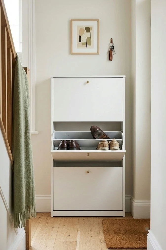 Slim tilt-out shoe cabinet lining a narrow apartment hallway entry