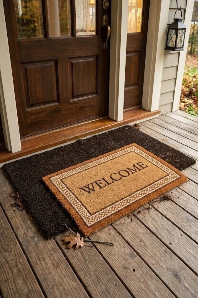 Toffee welcome mat layered over dark coir at a front door