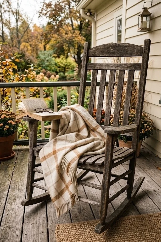 Toffee and cream plaid throw draped over a wooden porch chair