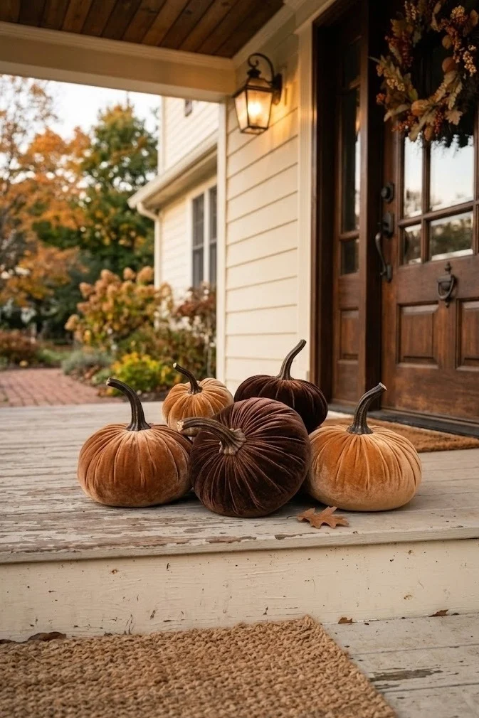 Toffee and brown velvet pumpkins massed on a covered porch step