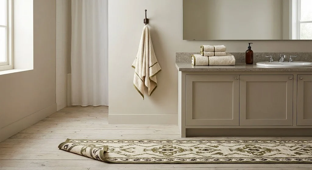Cream and olive towel and rug color story around a rental bathroom vanity