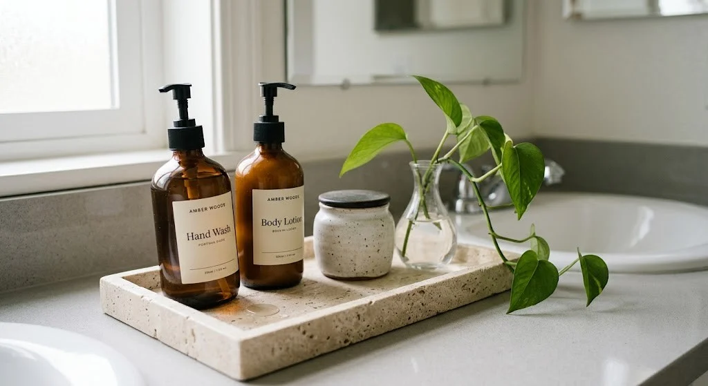 Renter friendly vanity makeover styling with a tray and amber glass decants