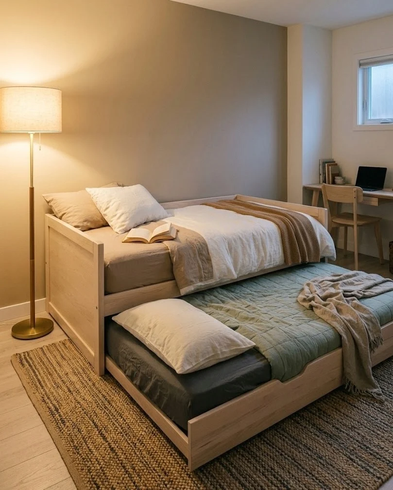 Trundle daybed pulled out to sleep two guests in a one-desk office