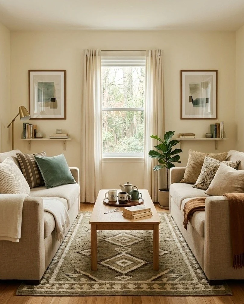 Two matching loveseats facing each other across a low coffee table on a rug.