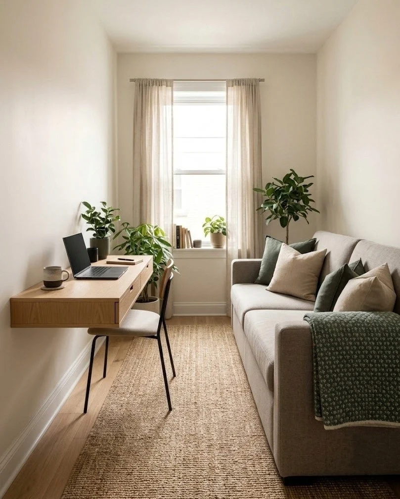 Guest room office combo with a compact twin sleeper sofa facing a wall desk