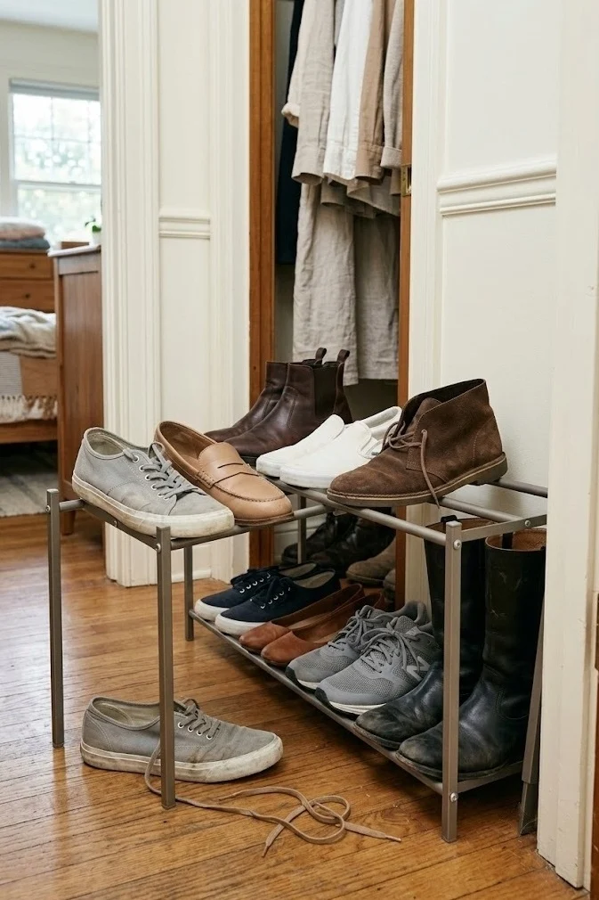 Two-tier expandable shoe rack organizing shoes on a small closet floor