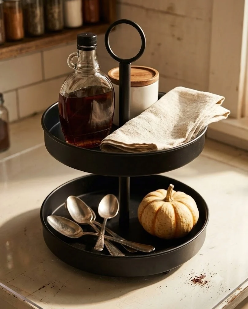 Small kitchen counter fall decor on a two-tier tray with syrup and a gourd