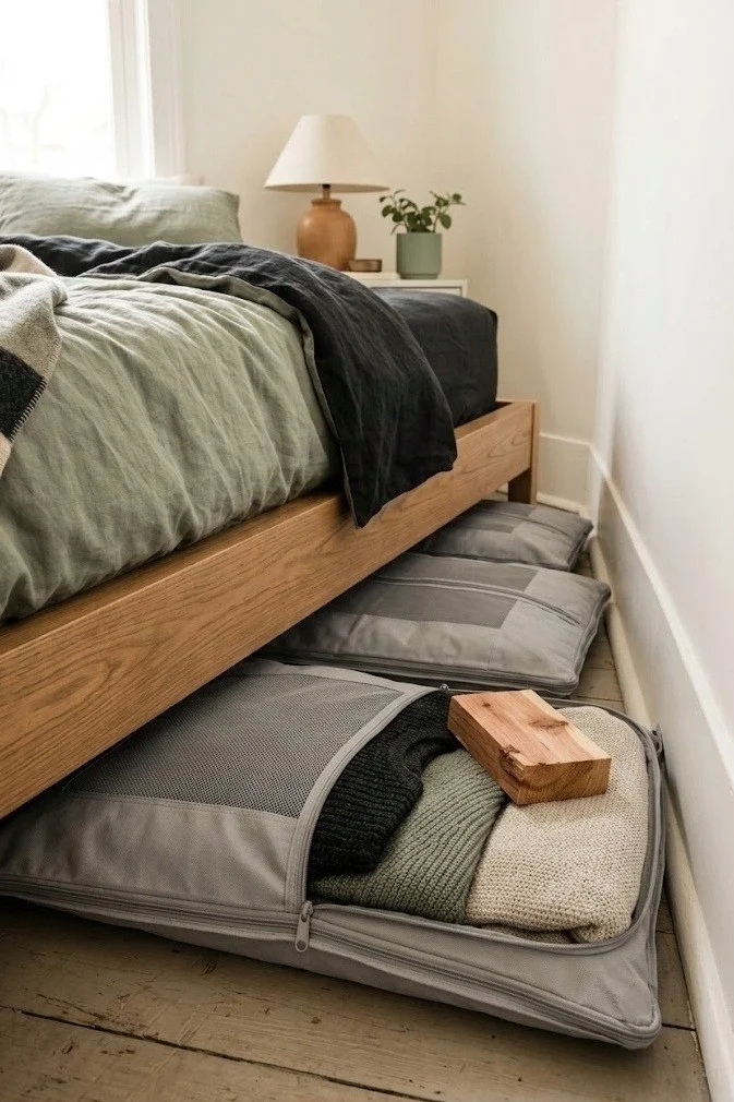 Flat zippered garment bags stored under a bed for off-season clothes