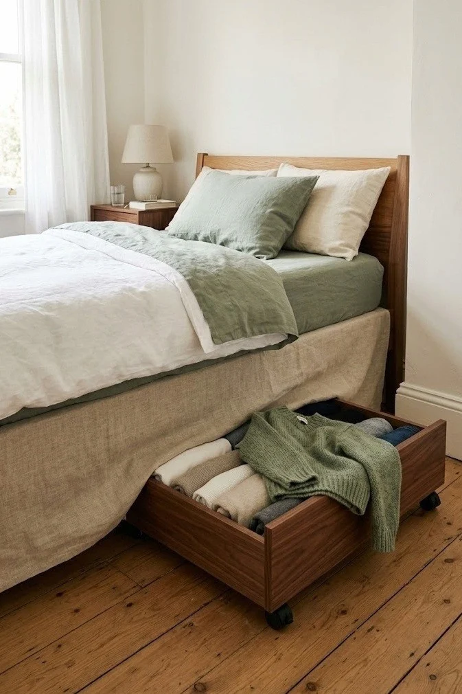 Rolling under-bed storage drawers in a no-closet bedroom