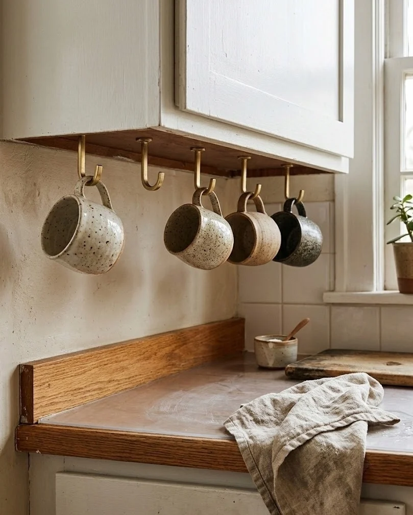 Ceramic mugs hanging from under-cabinet hooks above an empty small kitchen counter