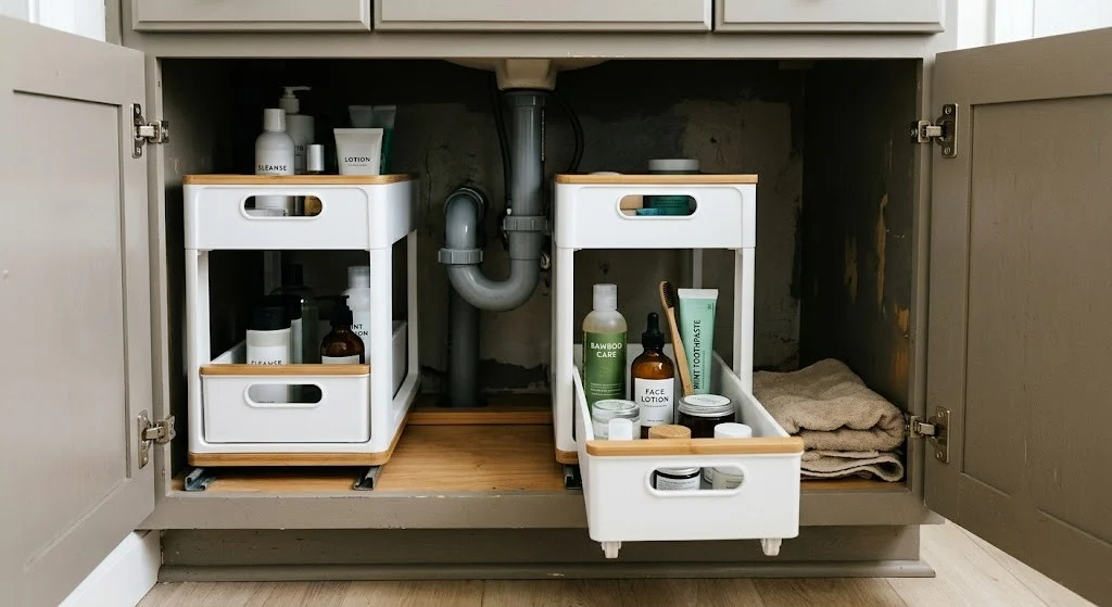 Two-tier rolling organizers fitted around the P-trap under a rental sink