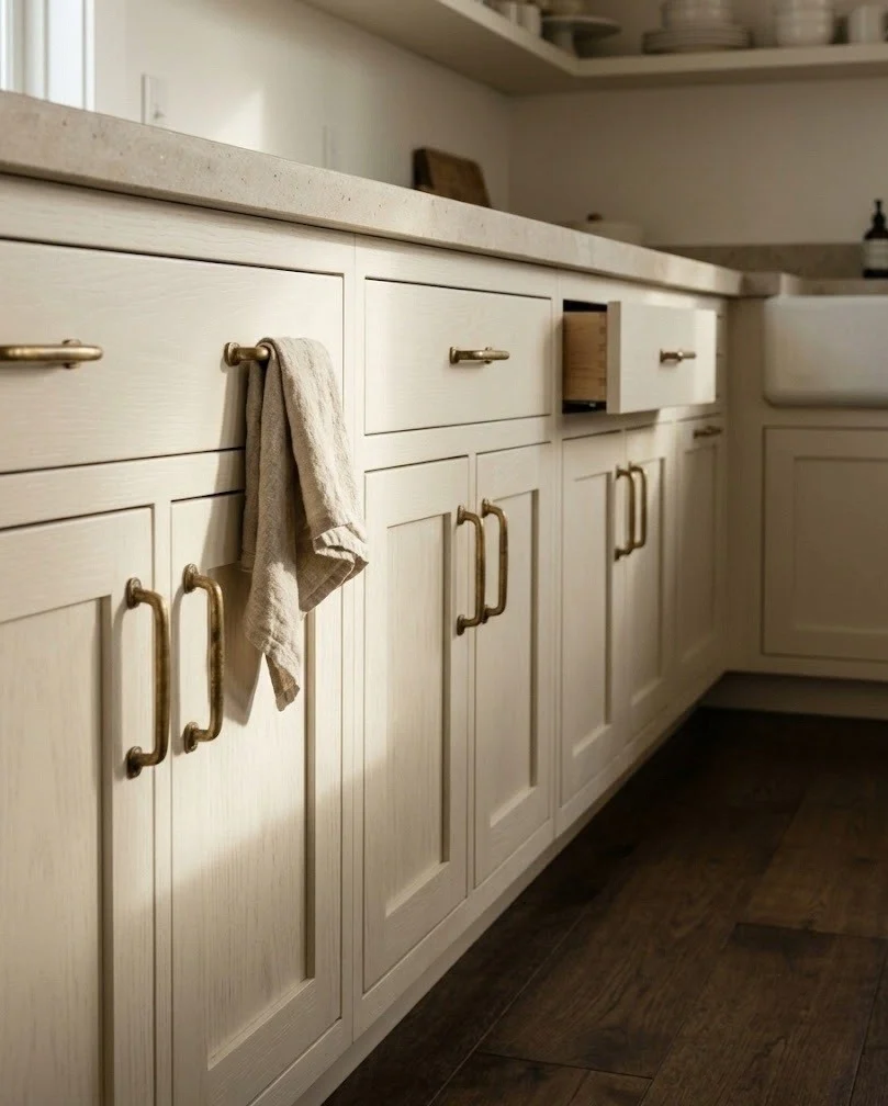 Unlacquered brass bar pulls on cream lower cabinets, neutral fall kitchen decor with no orange