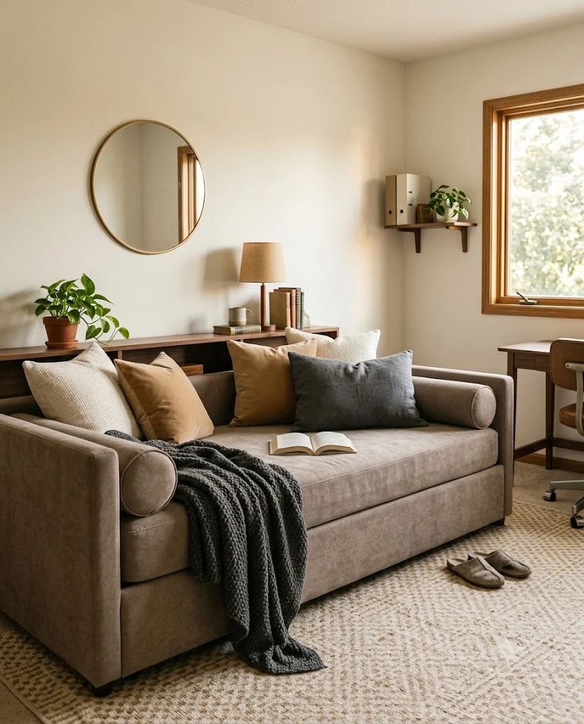 Upholstered daybed with bolsters styled as a reading sofa in a spare room office