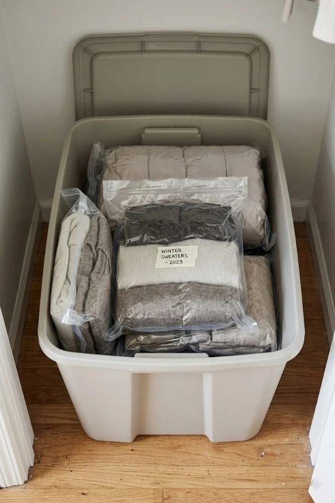 Vacuum-seal bags compressing off-season clothes into one floor bin in a small closet
