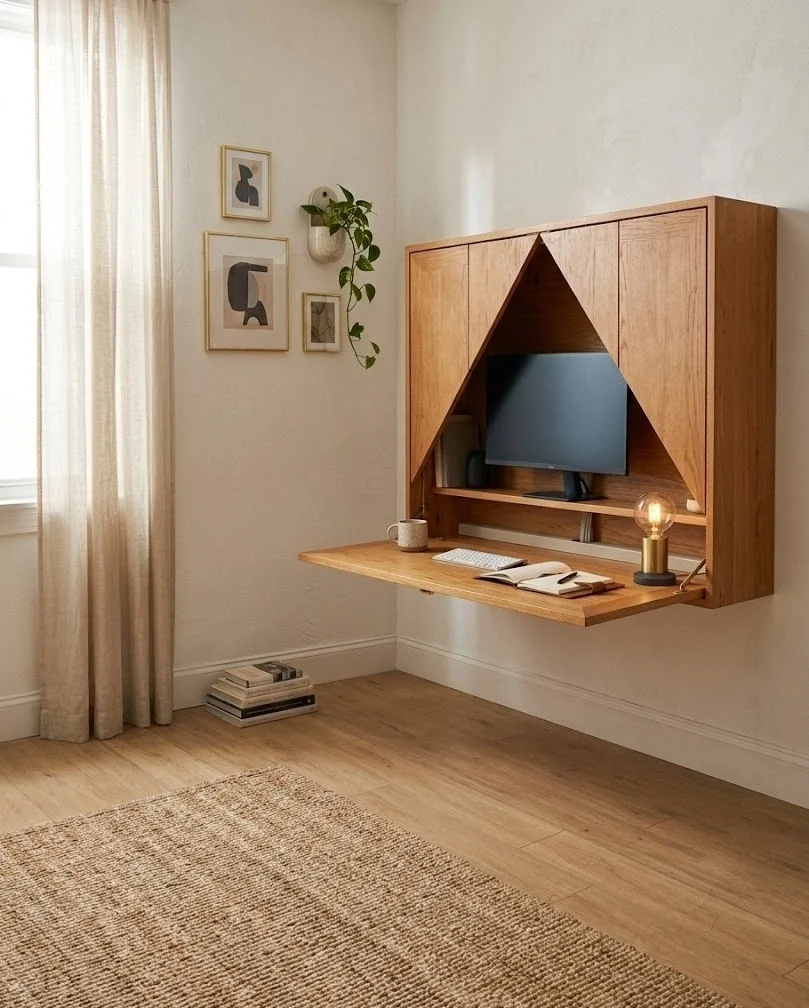 Wall desk cabinet closing into a flat console for guest weekends