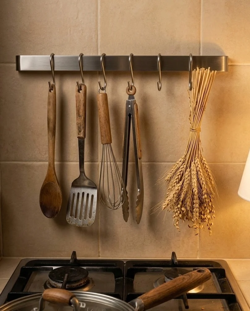 Wall rail behind a stove with hanging utensils and a dried wheat bundle