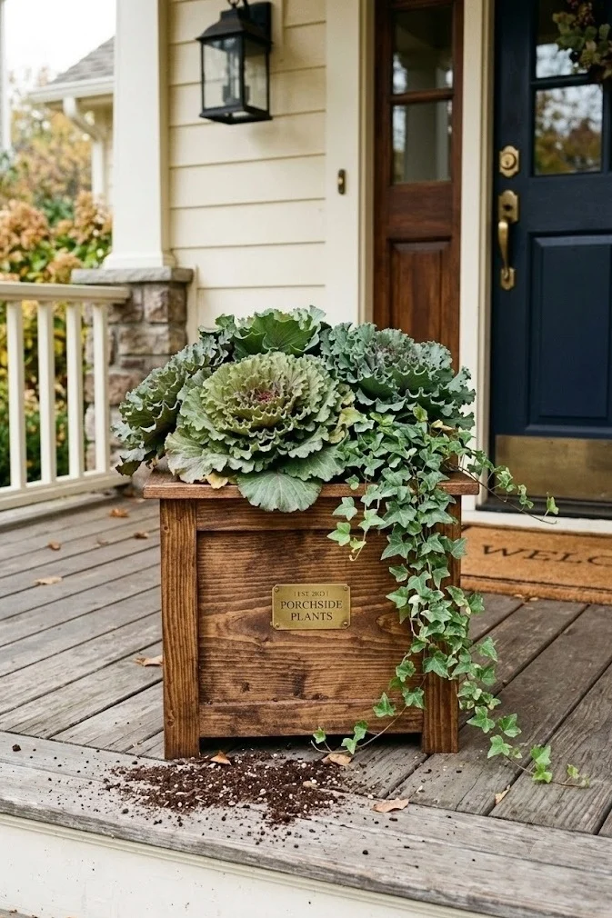 Walnut planter box with ornamental kale and a small brass tag