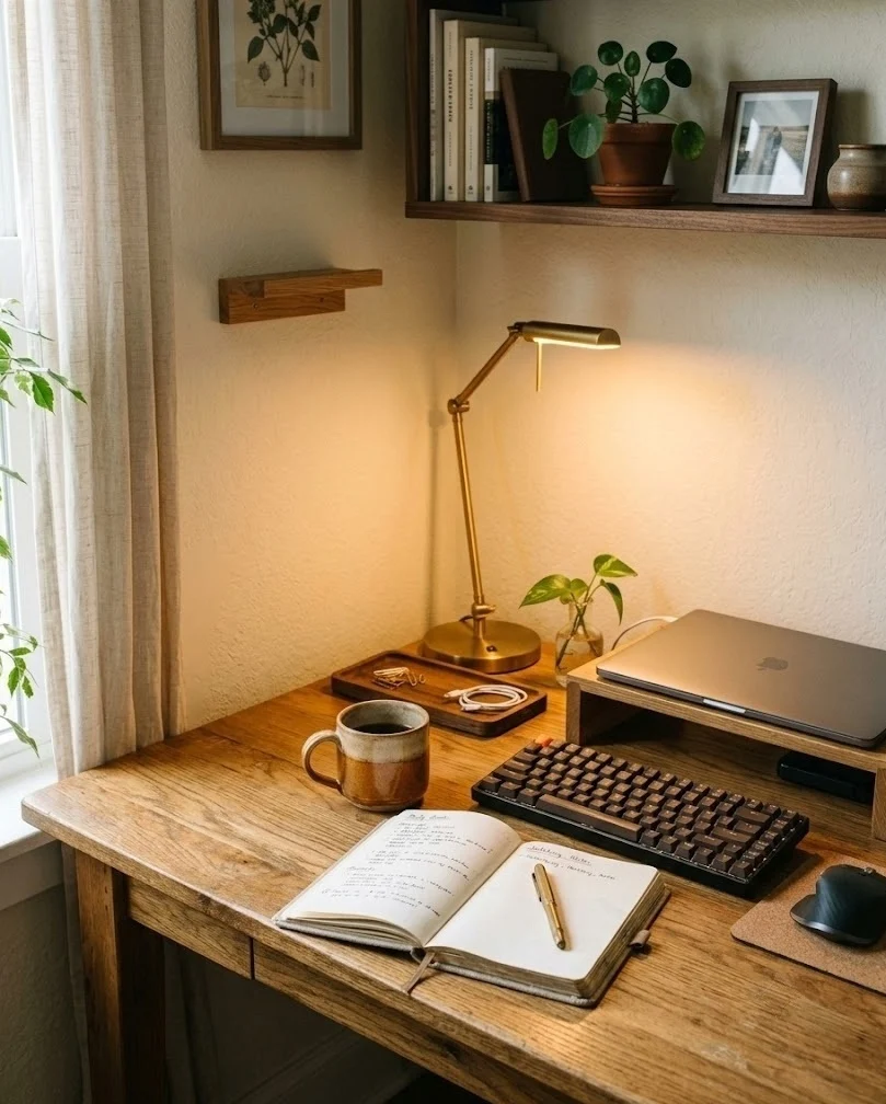 Cozy fall home office corner with a small desk and warm 2700K task lamp glowing amber